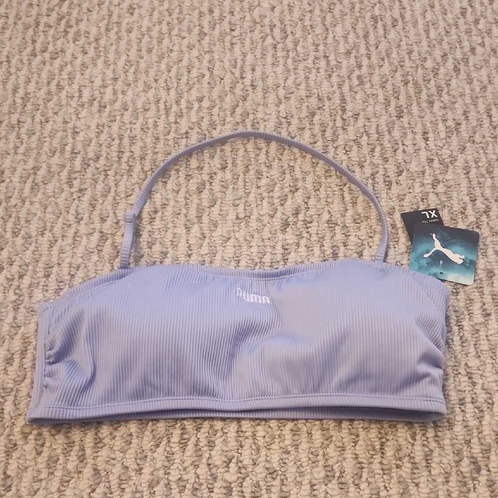 Puma Light Blue Lilac Ribbed Ruched Swim Halter Top Size XL